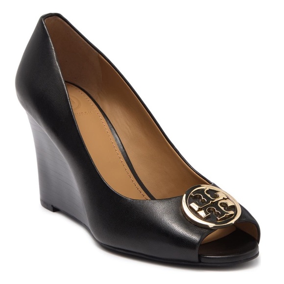 Tory Burch | Shoes | Tory Burch Benton Peep Toe Nappa Leather Black Wedge  Heels Size 5 Nwt | Poshmark